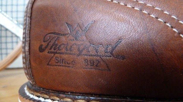 Thorogood Moc Toe boots brand name on the heel