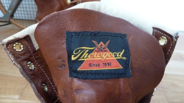 Thorogood Moc Toe boots logo on the front