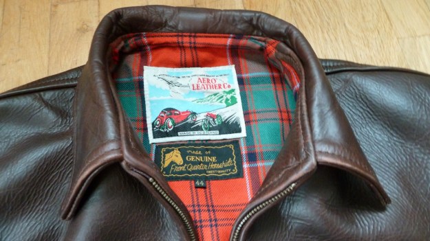 Aero Leather Highwayman Heavy Front Quarter Horsehide Jacket brown colar and label