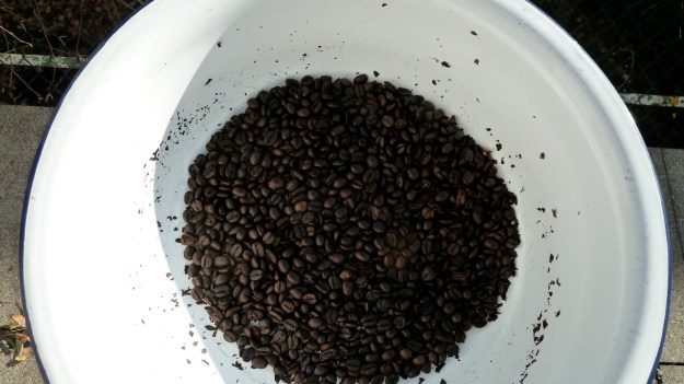 home coffee roasting with the whirley - bowl to seperate the skin from the beans