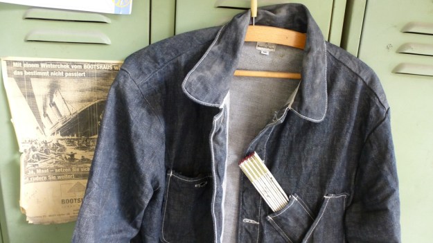 Denim Chore Coat by Tellason as workwear - arrived at the shipyard detail