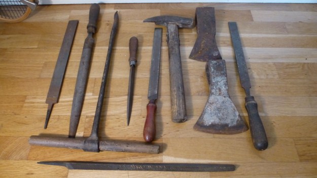 old tools, anchor, heart and cross axehead full collection