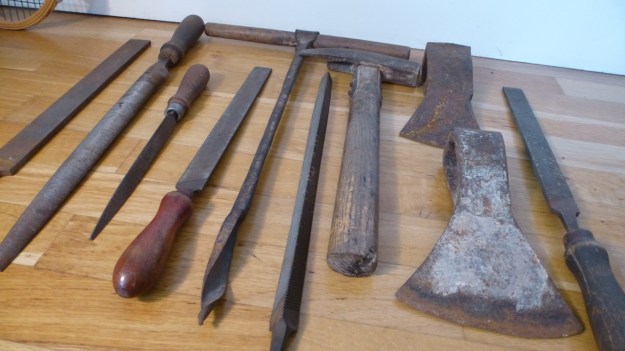 old tools, anchor, heart and cross axehead full toolset
