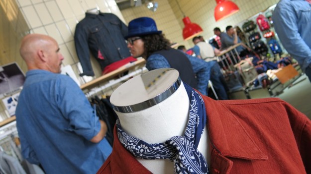 Tellason Denim chore coat golden gate bridge red