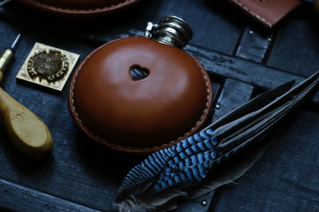 leather covered flask pewter bespoke jay feather hunting trophy