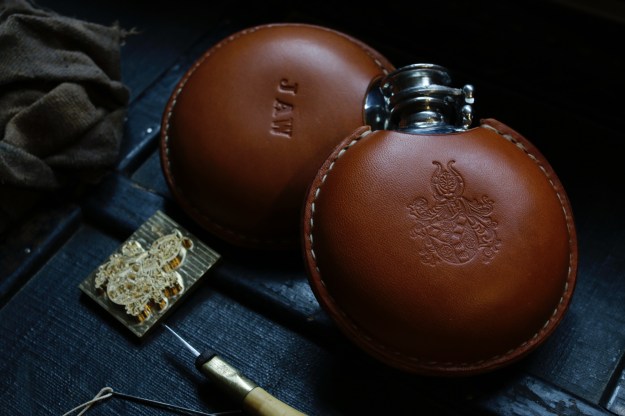leather covered flask pewter initials code of arms