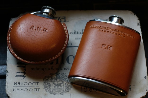 leather covered flask pewter initials monogrammed letters